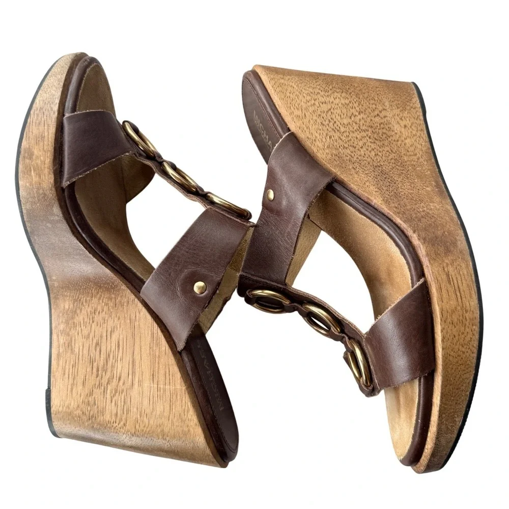 Y2K VTG Michael Kors Brown Leather Wood Wedge Platform Sandals Gold Rings 7.5M